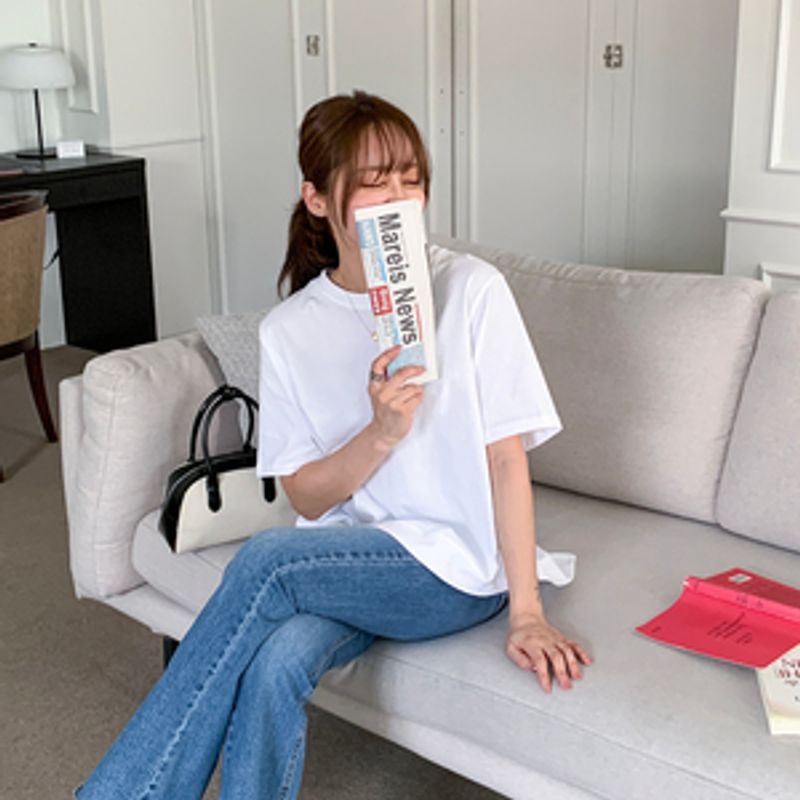 드바르 라운드넥 언발 무지 반팔 티셔츠