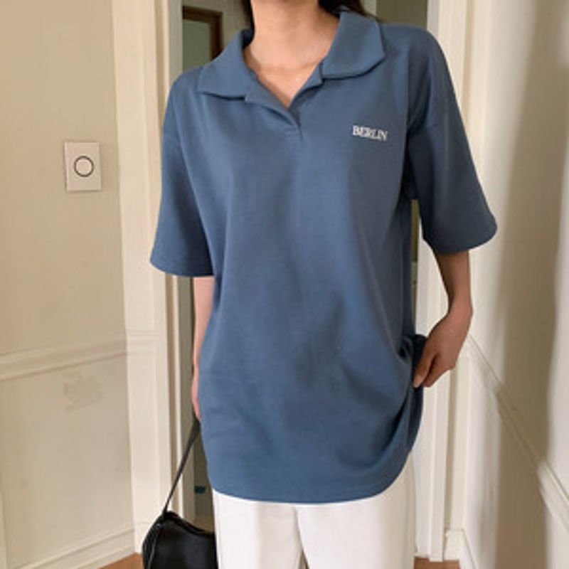 폴포티 반오픈 카라넥 미니 레터링 롱 반팔 티셔츠