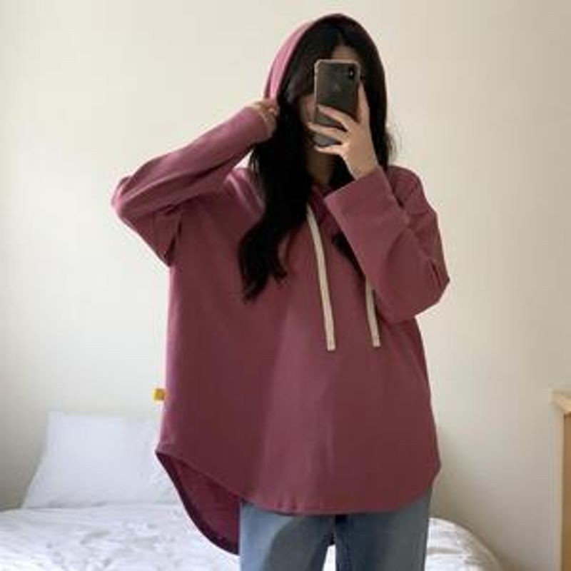 고리아 언발 라운드 스마일 스트랩 후드티