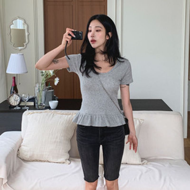 우마윤 슬림 골지 U넥 캉캉 프릴 후드 티셔츠