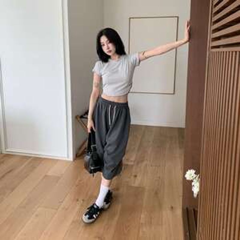 민사미 단가라 사이드 셔링 반팔 크롭티