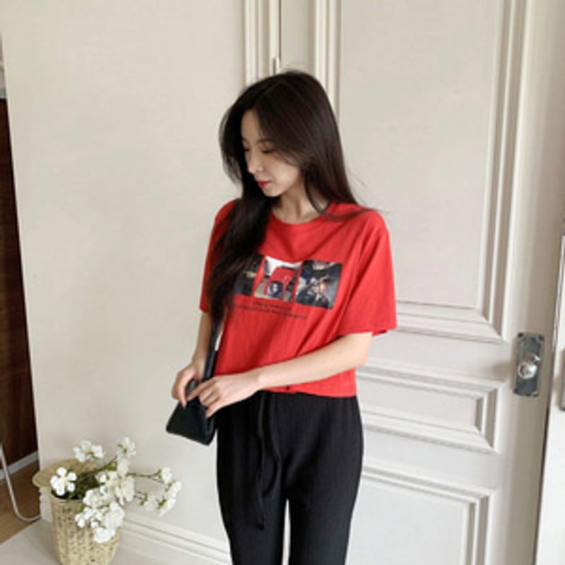 유이언 네모 프린팅 크롭 여름 반팔티