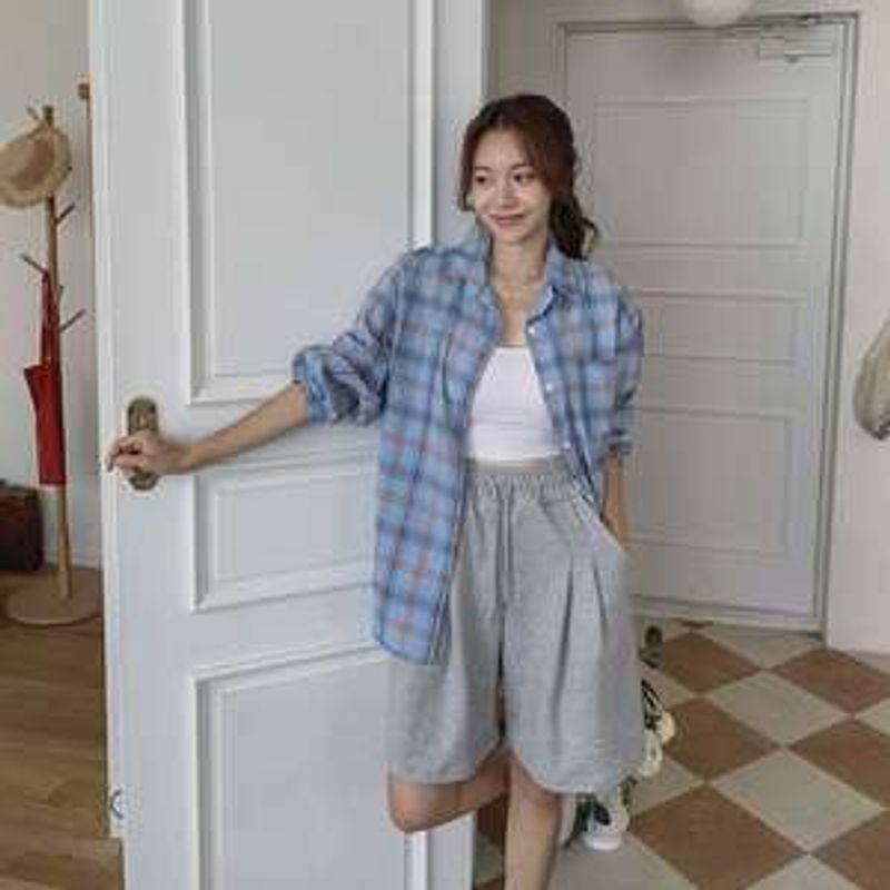 솔기원 린넨 코튼 오버핏 빈티지 체크 셔츠