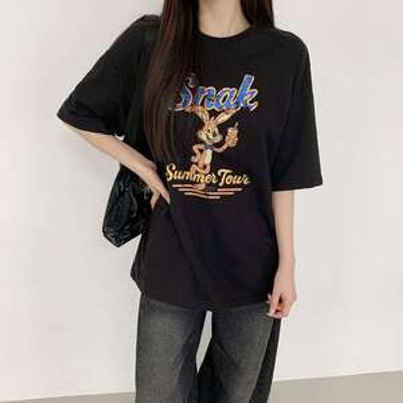 치롤아 코튼 스낵 프린팅 오버핏 반팔 티셔츠