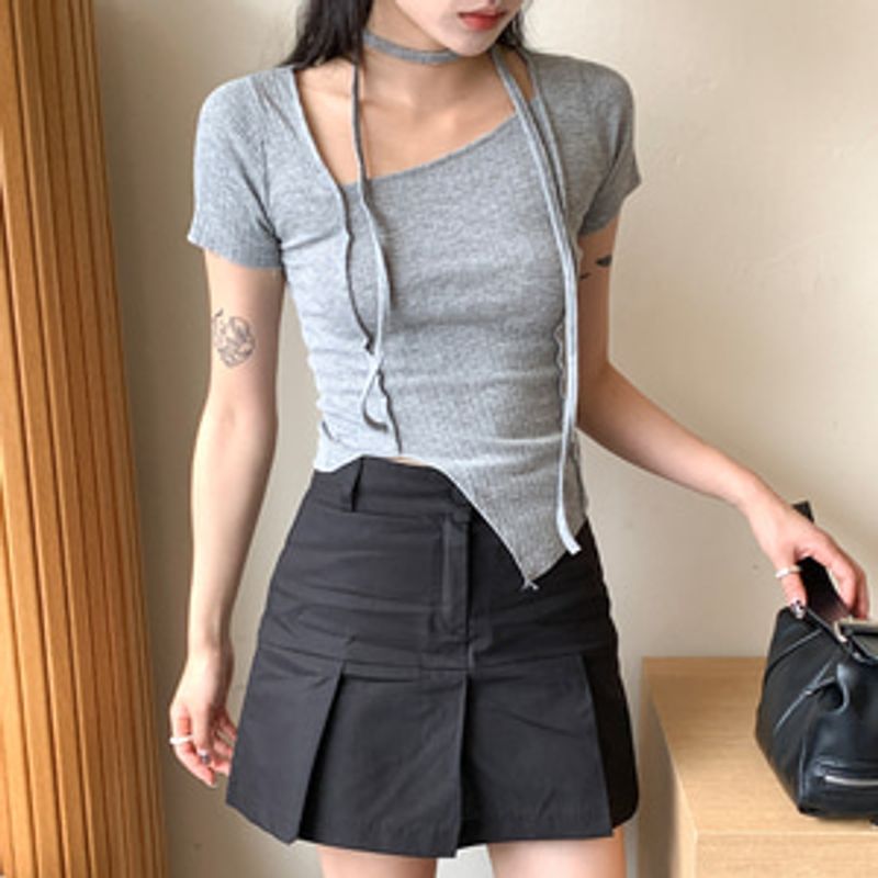 원키든 스퀘어넥 언발 절개 스트랩 세트 반팔티