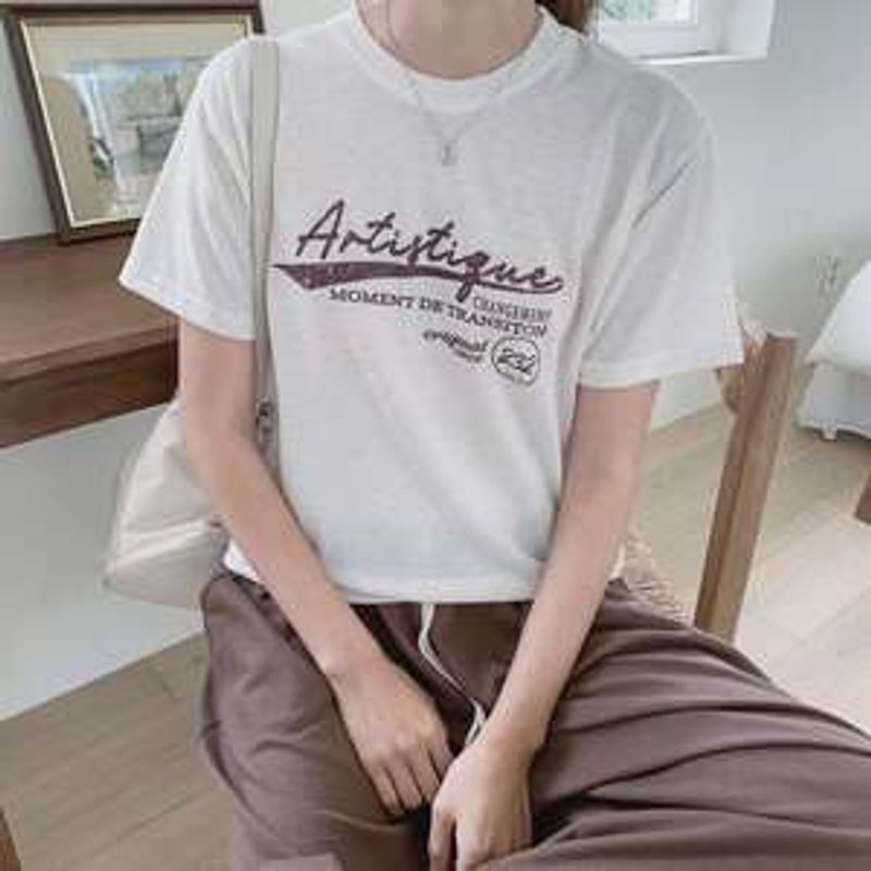 타젠누 린넨 레터링 세미 크롭 반팔티