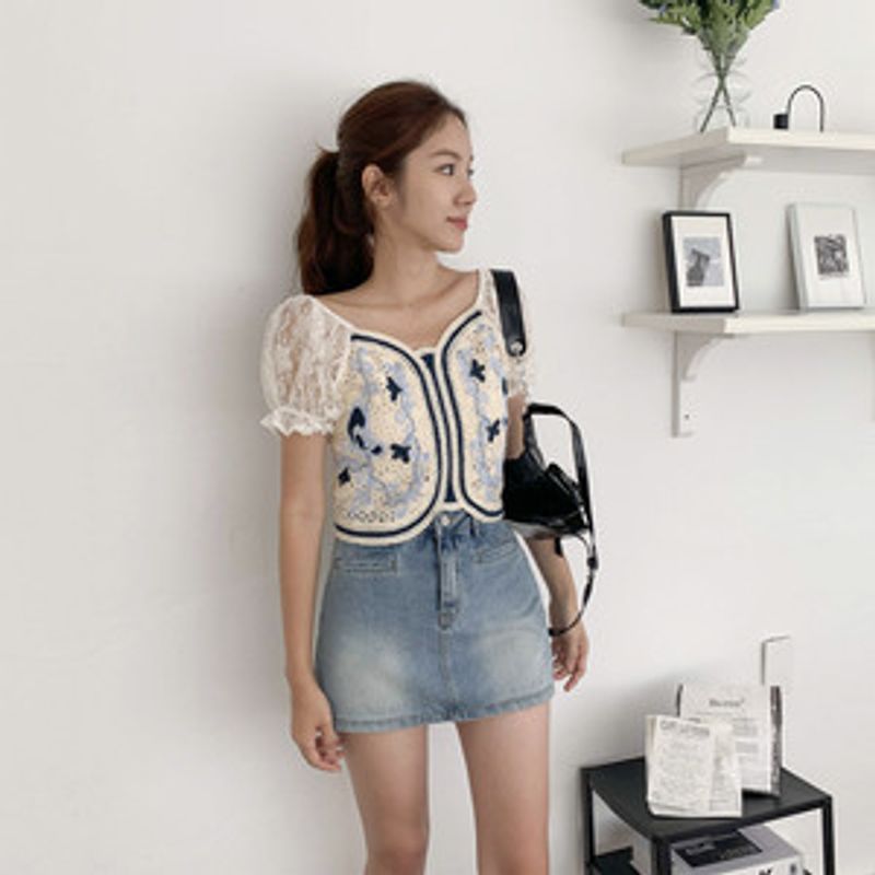 윤니칼 레이스 뜨개 퍼프 반팔 블라우스