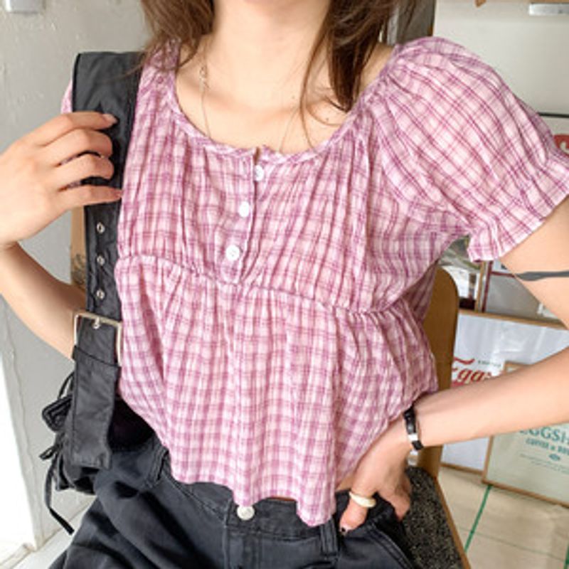 헤리문 체크 프릴 여름 블라우스