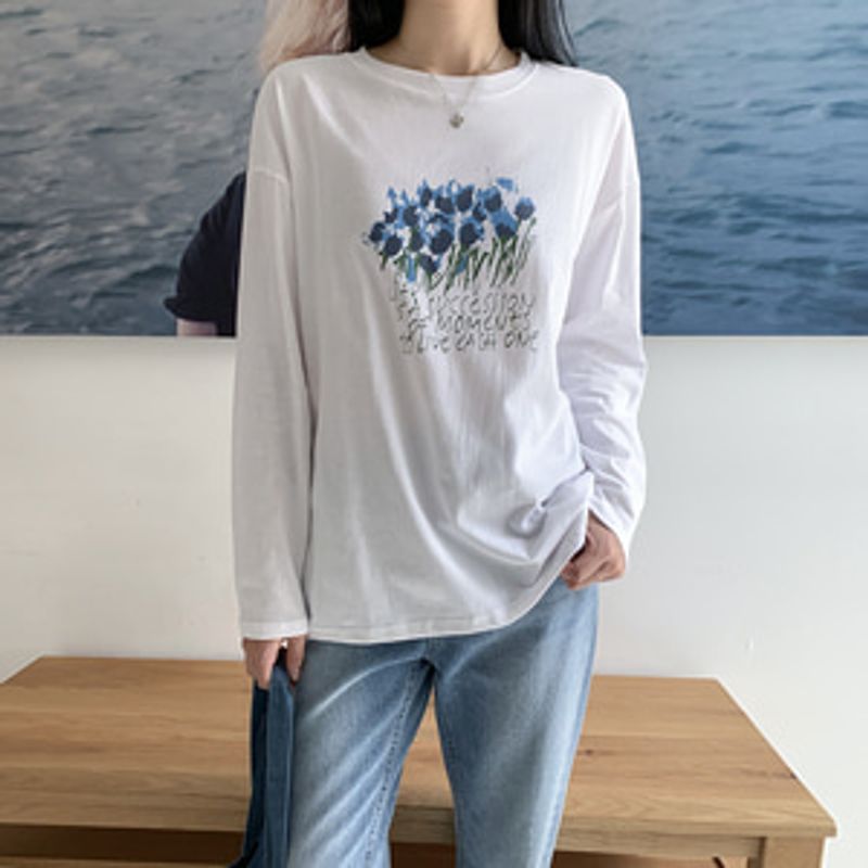 차수리 코튼 튤립 프린팅 박스 긴팔 티셔츠