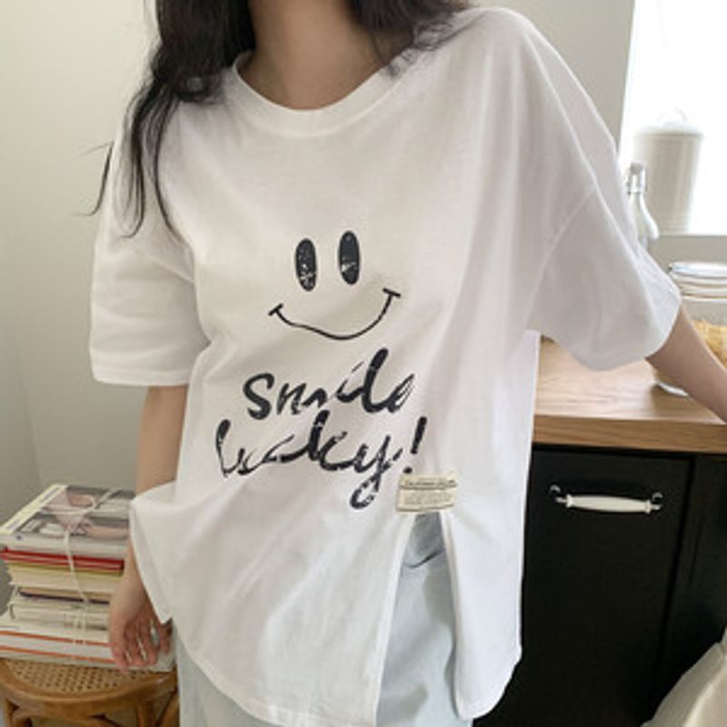 키진다 럭키 스마일 트임 루즈핏 반팔 티셔츠
