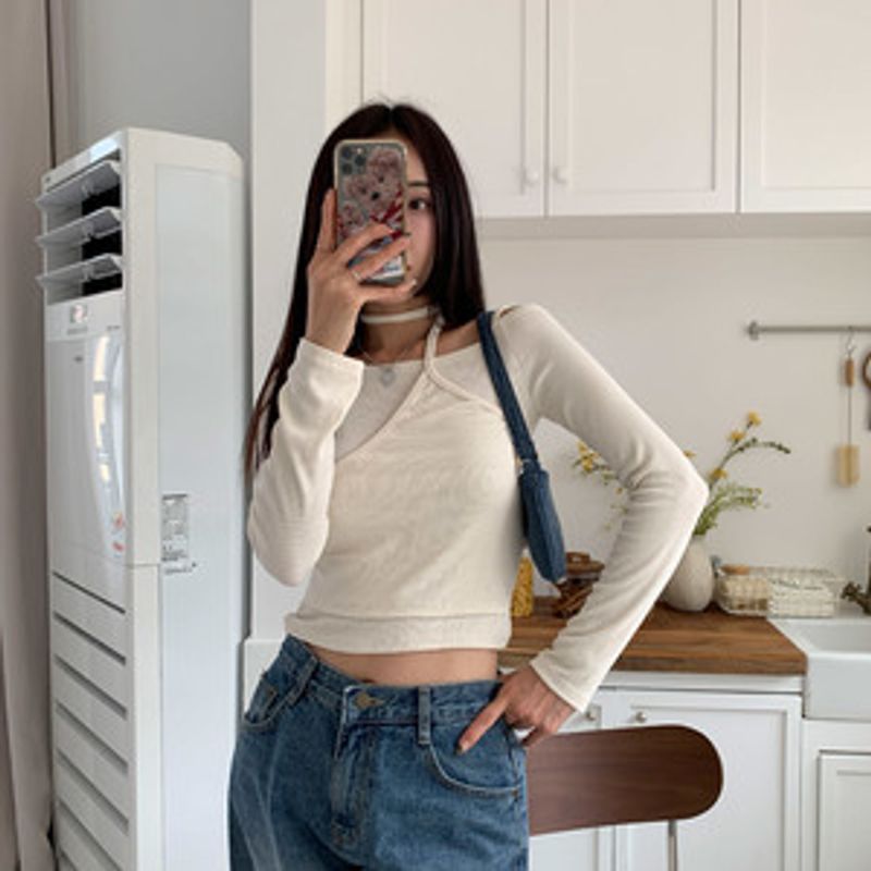 [세일] 데루스 골지 스트랩 오프숄더 긴팔티