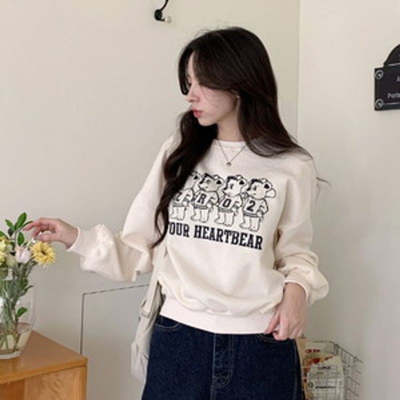 [세일] 모느아 러블리 베어 프린팅 루즈핏 기모 맨투맨