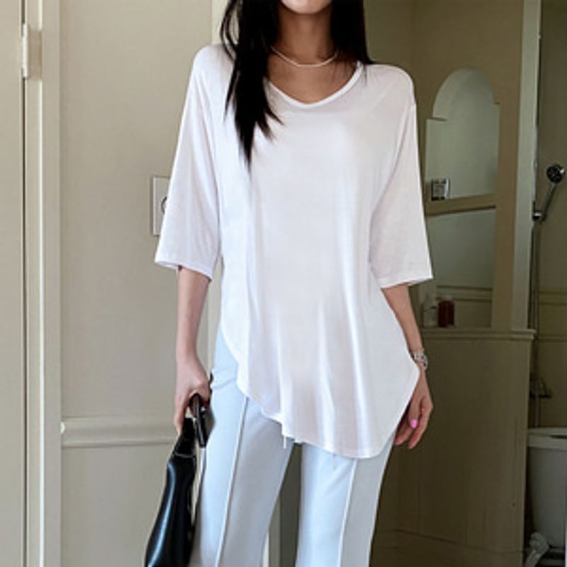 핑임팔 무지 브이넥 루즈핏 트임 반팔 티셔츠