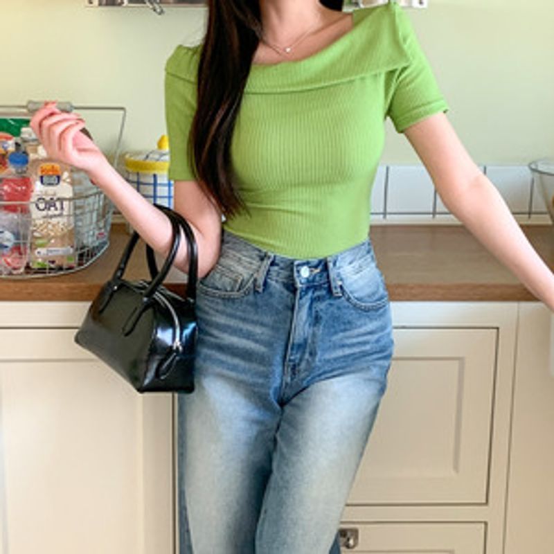 테디엘 골지 반팔 오프숄더 티셔츠