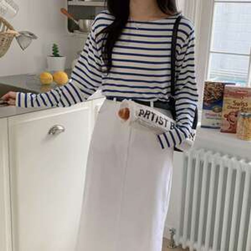 마추리 스트라이프 컬러 라운드 긴팔 티셔츠