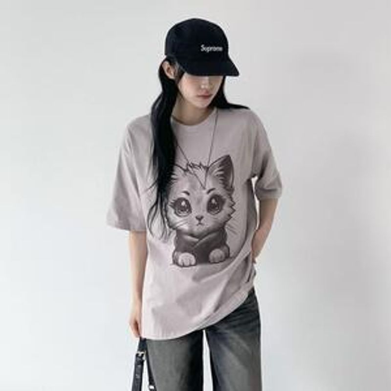 리하마 키치 냐옹 오버핏 반팔 티셔츠