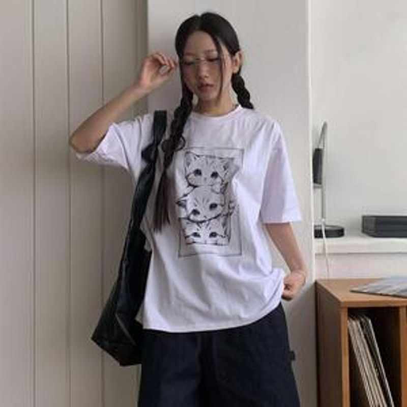 고리하 키치 프린팅 오버핏 반팔 티셔츠