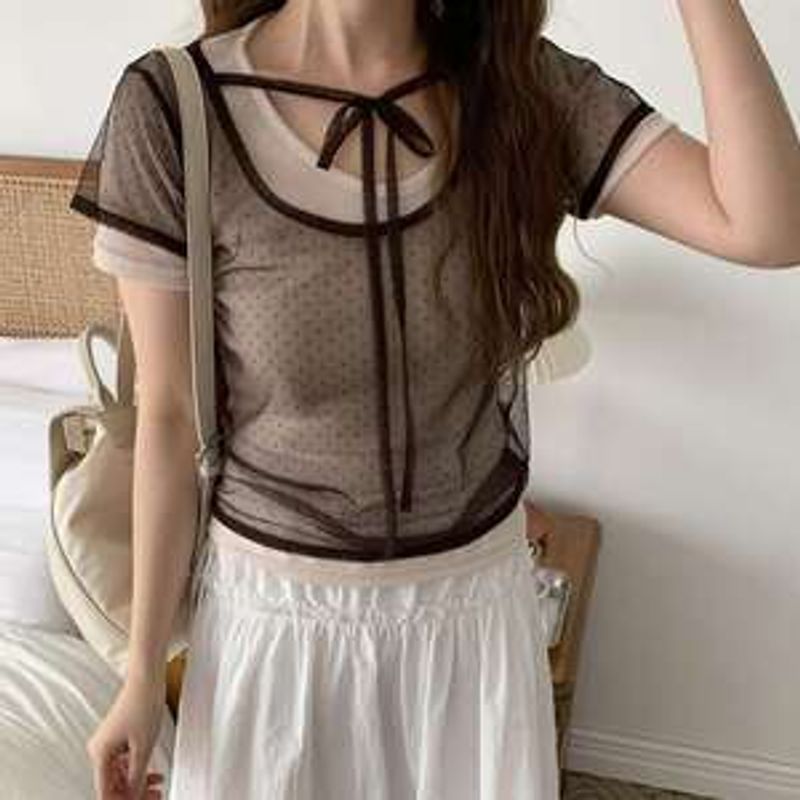 으루사 키치 도트 스트랩 시스루 블라우스