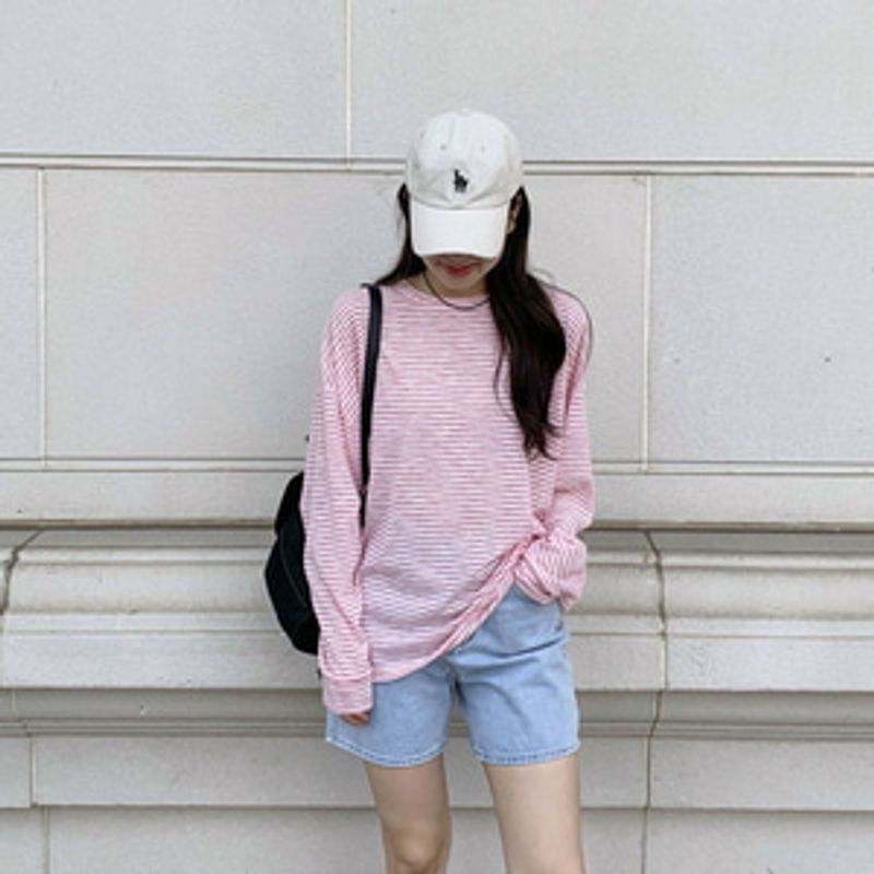 저항너 컬러 스트라이프 오버핏 긴팔 티셔츠