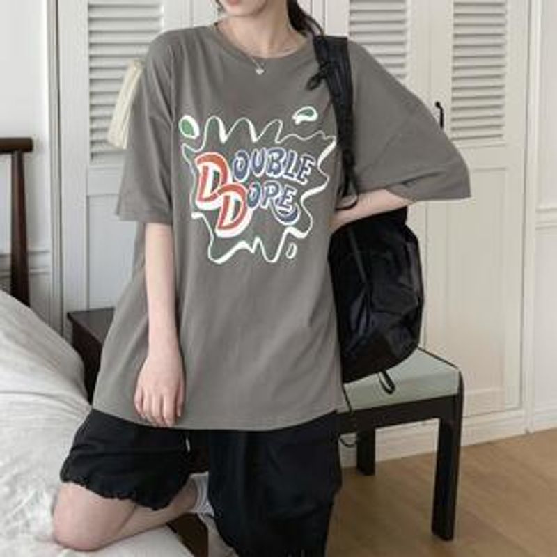 휴란서 레터링 프린팅 오버핏 반팔티