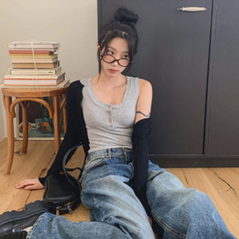 들한다 슬림 단추 골지 슬리브리스 티셔츠