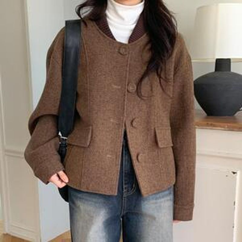 사네제 헤링본 왕단추 포켓 미니 자켓